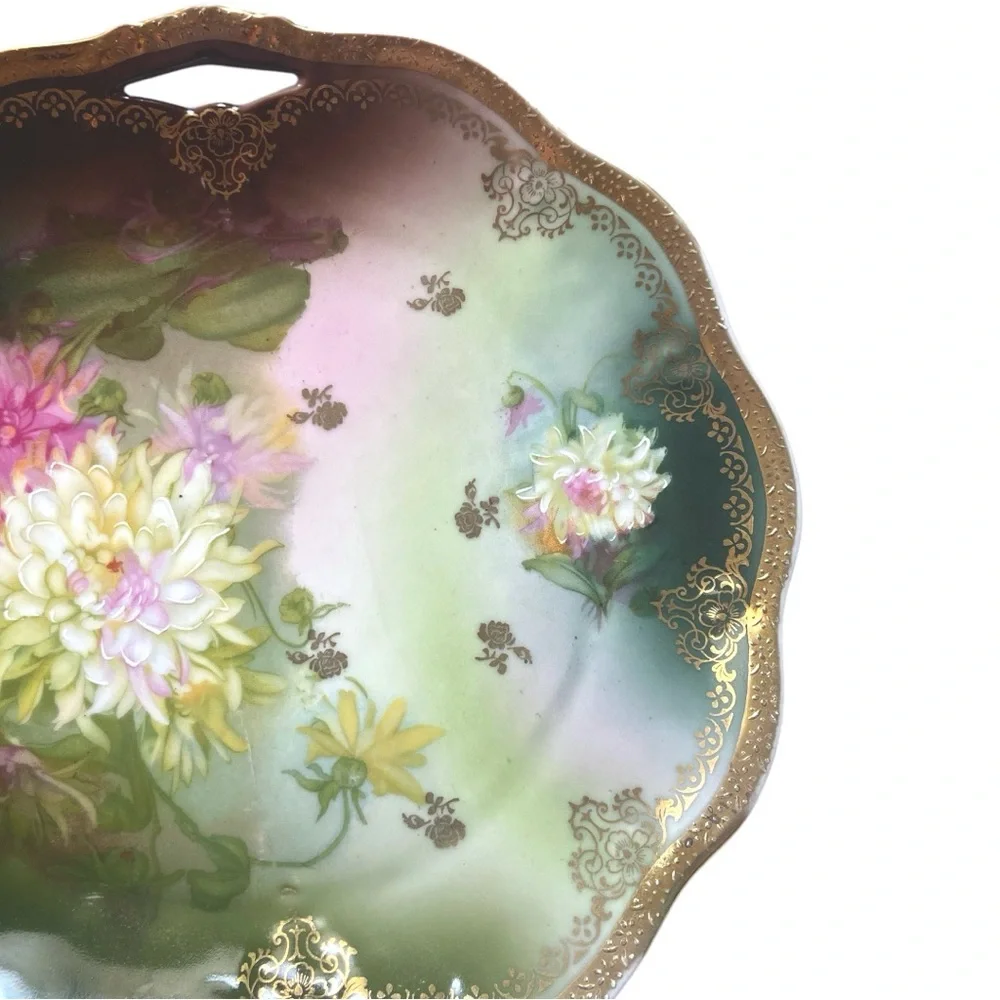 Antique Z.S. & Co Bavaria Hand Painted Green Floral Porcelain Plate Gold Handle